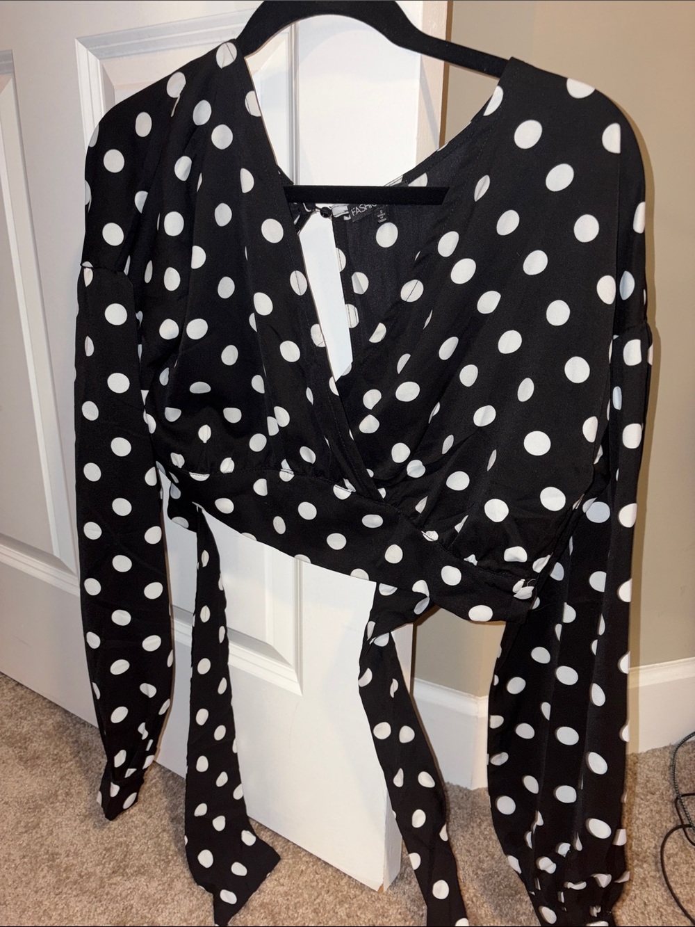 Black and White Polka Dot Wrap Crop Top - Women